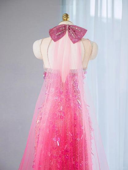 Vibrant Pink Sequins Accent Beading Neckline Halter Maxi Dress Sweet 16 Shining Bow Design Pink Tulle Trimmed Prom Dress AP2111