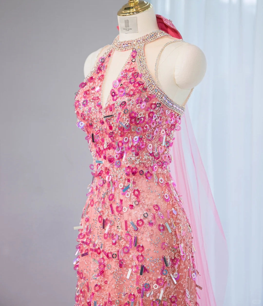 Vibrant Pink Sequins Accent Beading Neckline Halter Maxi Dress Sweet 16 Shining Bow Design Pink Tulle Trimmed Prom Dress AP2111