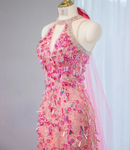 Vibrant Pink Sequins Accent Beading Neckline Halter Maxi Dress Sweet 16 Shining Bow Design Pink Tulle Trimmed Prom Dress AP2111
