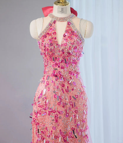 Vibrant Pink Sequins Accent Beading Neckline Halter Maxi Dress Sweet 16 Shining Bow Design Pink Tulle Trimmed Prom Dress AP2111