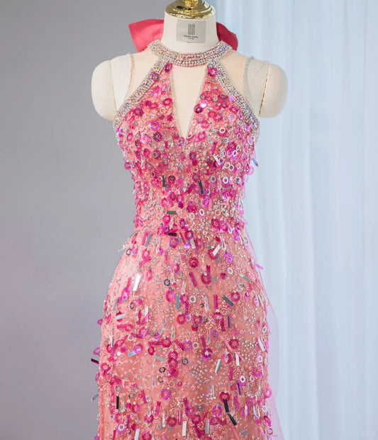 Vibrant Pink Sequins Accent Beading Neckline Halter Maxi Dress Sweet 16 Shining Bow Design Pink Tulle Trimmed Prom Dress AP2111