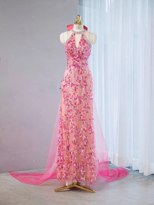 Vibrant Pink Sequins Accent Beading Neckline Halter Maxi Dress Sweet 16 Shining Bow Design Pink Tulle Trimmed Prom Dress AP2111