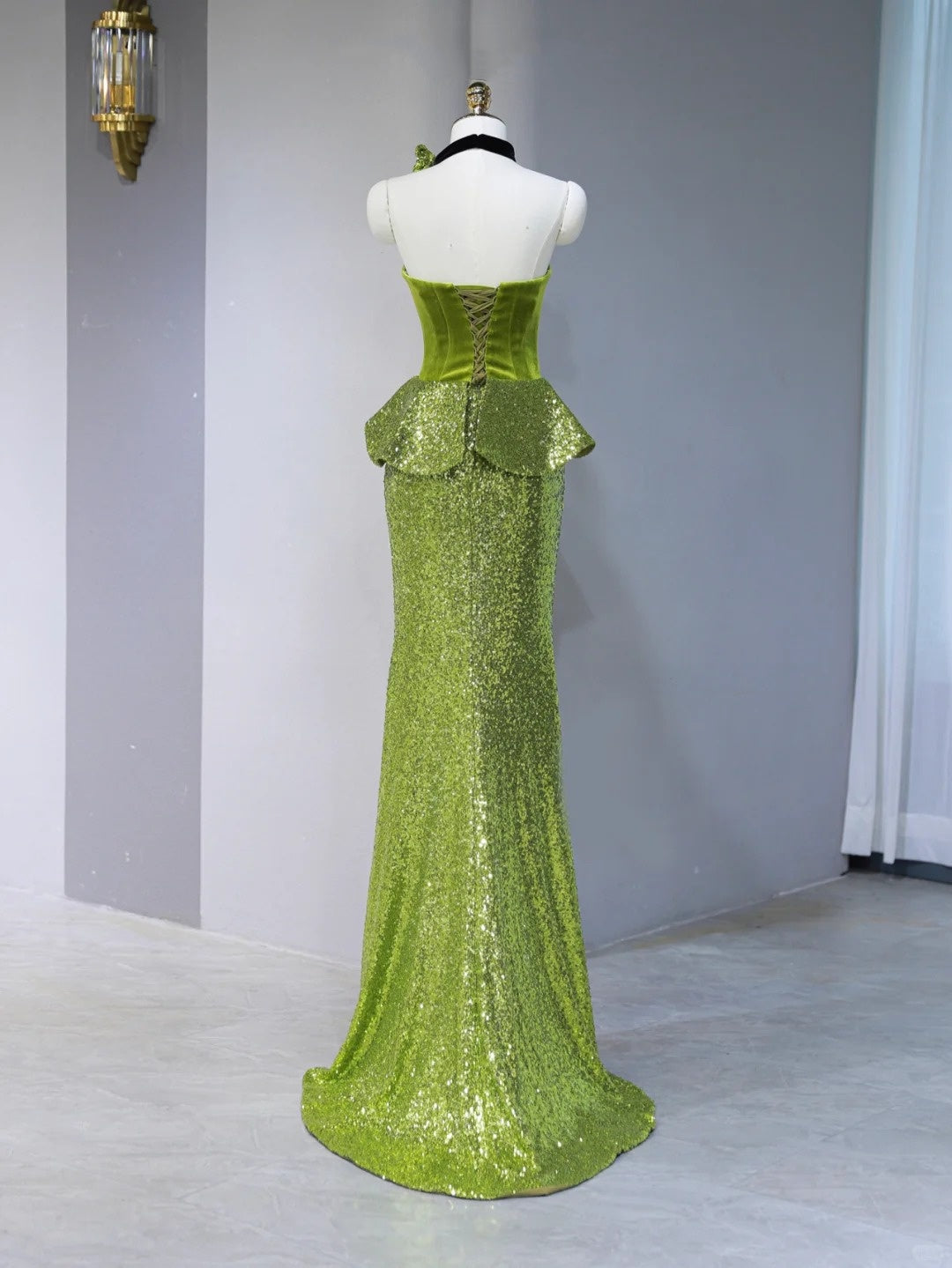 Elegant Green Velvet Bodice Crystal Floral Accent Maxi Dress Novelty Peplum Waist Sparkling Mermaid Hem Prom Dress AP2113