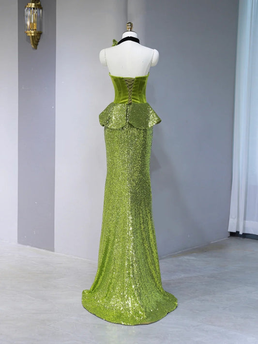 Elegant Green Velvet Bodice Crystal Floral Accent Maxi Dress Novelty Peplum Waist Sparkling Mermaid Hem Prom Dress AP2113