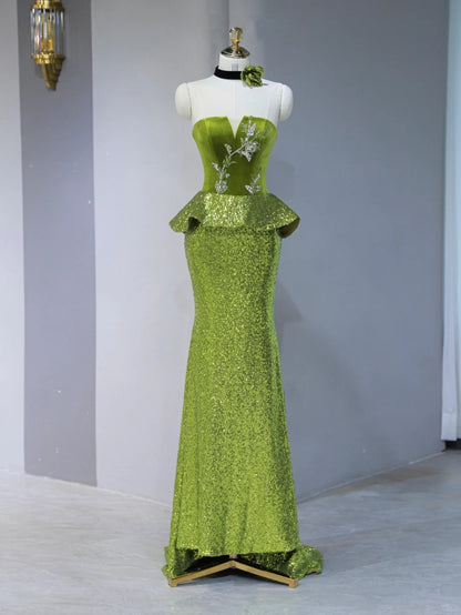 Elegant Green Velvet Bodice Crystal Floral Accent Maxi Dress Novelty Peplum Waist Sparkling Mermaid Hem Prom Dress AP2113