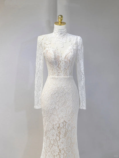 Classical Ivory Lace High Neck Mermaid Cutout Bridal Maxi Dress Romantic Long Sleeves Flowing Tulle Splicing Train Wedding Dress AP2114