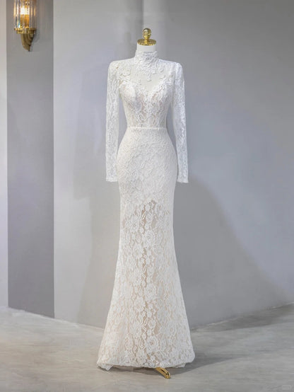 Classical Ivory Lace High Neck Mermaid Cutout Bridal Maxi Dress Romantic Long Sleeves Flowing Tulle Splicing Train Wedding Dress AP2114
