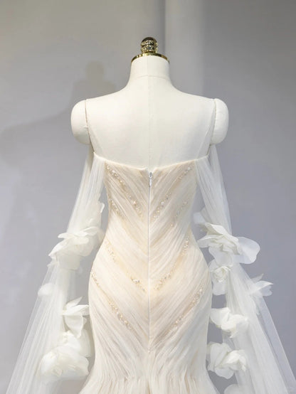 Artistic Ivory Cascade Tulle Mermaid Bridal Dress Charming Pearl Beading Off-Shoulder 3D Floral Accent Wedding Dress AP2116