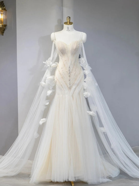 Artistic Ivory Cascade Tulle Mermaid Bridal Dress Charming Pearl Beading Off-Shoulder 3D Floral Accent Wedding Dress AP2116
