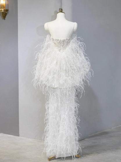 Fashionable White Feather-Embellished  Sparkly Sequins Trim Maxi Dress Charming Beading Strapless Puffy Long Sleeve Wedding Dress AP2117