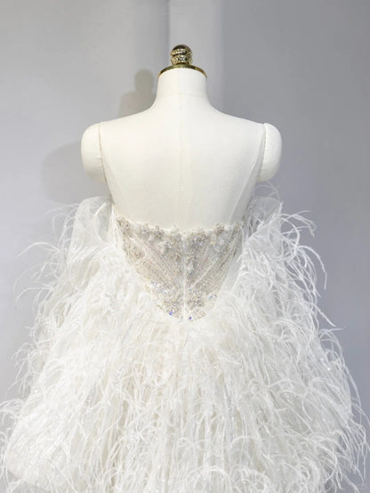 Fashionable White Feather-Embellished  Sparkly Sequins Trim Maxi Dress Charming Beading Strapless Puffy Long Sleeve Wedding Dress AP2117