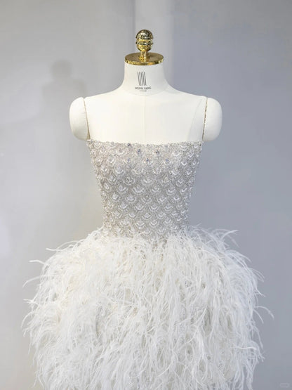 Fairy-Tale Feather Trim Crystal Beading Big Bow Tulle Train Feast Outfit Mini Dress Exquisitely Designed White Strapless Homecoming Dress AP2118