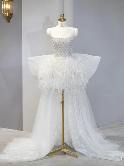 Fairy-Tale Feather Trim Crystal Beading Big Bow Tulle Train Feast Outfit Mini Dress Exquisitely Designed White Strapless Homecoming Dress AP2118
