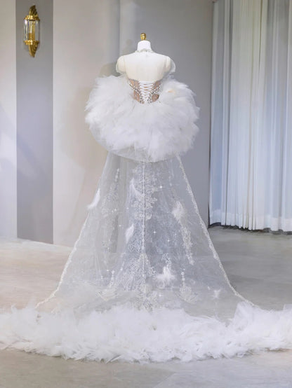 New Tendency Sweetheart Neck Crystal Accent Mermaid Hem Engagement Dress Chic Tulle Cape 3D Flowers Trim Beading Strapless Wedding Dress AP2119