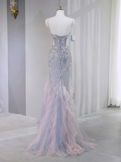 Opulent Purple & Pink Ombre Tulle Trim Mermaid Hem Maxi Dress Novelty Luxe Crystal Bead Design Side Cutouts Prom Dress AP2120