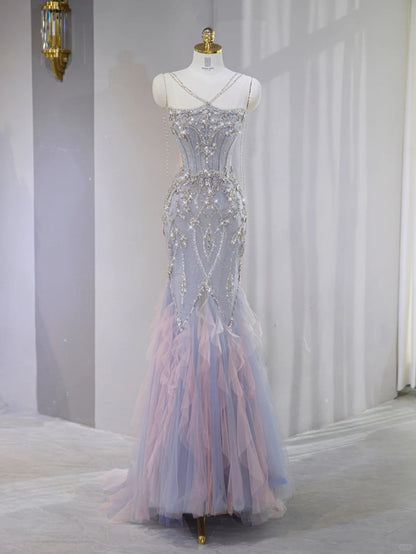 Opulent Purple & Pink Ombre Tulle Trim Mermaid Hem Maxi Dress Novelty Luxe Crystal Bead Design Side Cutouts Prom Dress AP2120