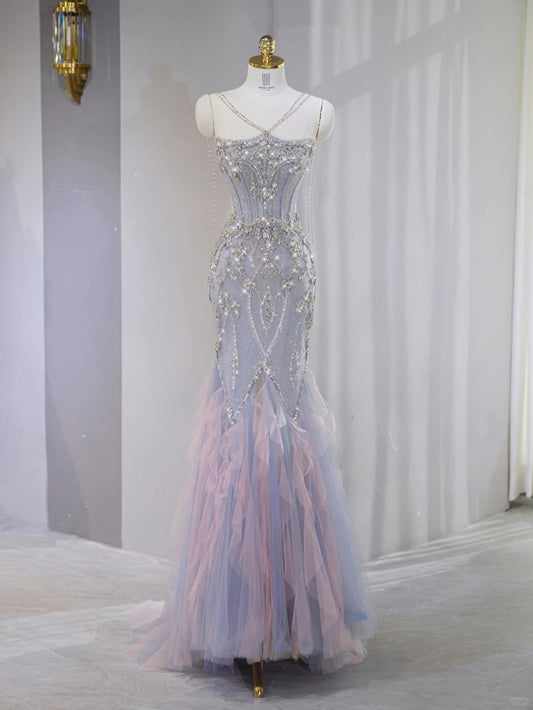 Opulent Purple & Pink Ombre Tulle Trim Mermaid Hem Maxi Dress Novelty Luxe Crystal Bead Design Side Cutouts Prom Dress AP2120