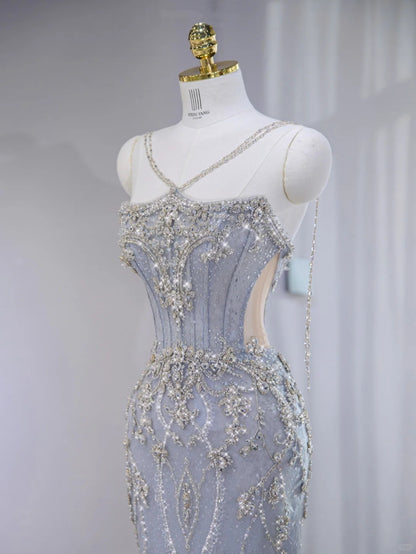 Opulent Purple & Pink Ombre Tulle Trim Mermaid Hem Maxi Dress Novelty Luxe Crystal Bead Design Side Cutouts Prom Dress AP2120