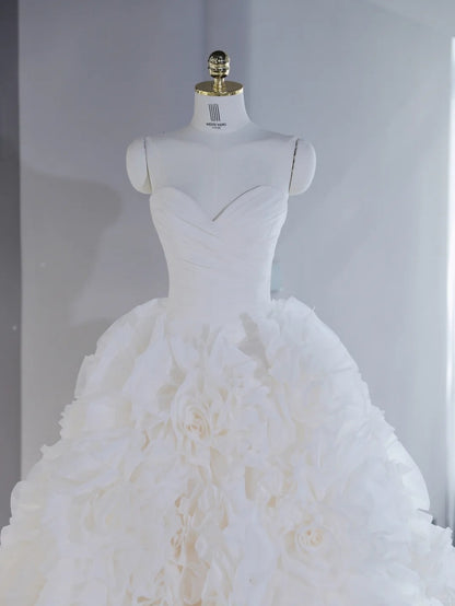 French Style White 3D Floral Ball Gown Engagement Dress With Sheer Tulle Cape Strapless Draped Bodice Wedding Dress AP2121