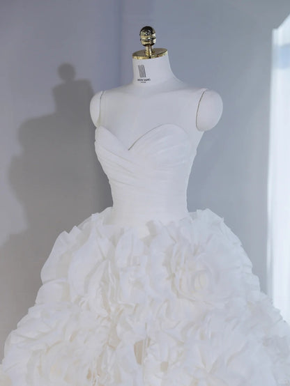 French Style White 3D Floral Ball Gown Engagement Dress With Sheer Tulle Cape Strapless Draped Bodice Wedding Dress AP2121