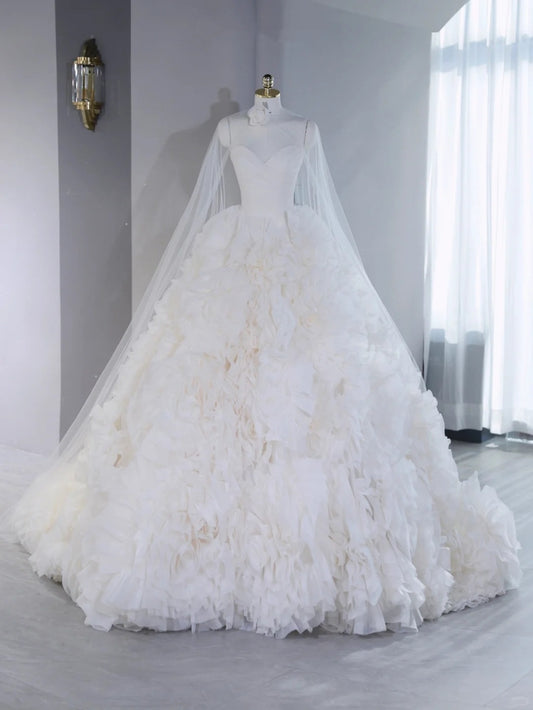 French Style White 3D Floral Ball Gown Engagement Dress With Sheer Tulle Cape Strapless Draped Bodice Wedding Dress AP2121
