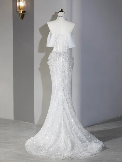 Alluring Off-Shoulder Mermaid Hem Sparkling Rhinestone Bridal Dress With Tulle Scarf Sheath Beaded Waist Accent Wedding Dress AP2122