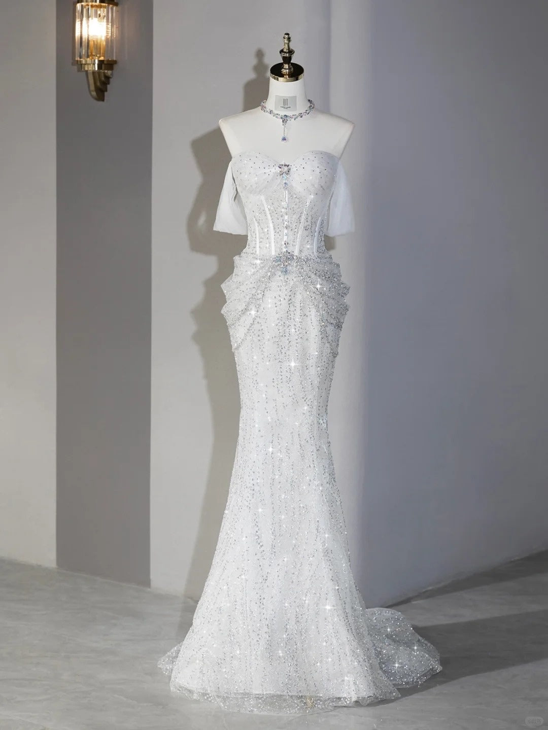 Alluring Off-Shoulder Mermaid Hem Sparkling Rhinestone Bridal Dress With Tulle Scarf Sheath Beaded Waist Accent Wedding Dress AP2122