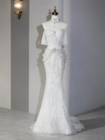 Alluring Off-Shoulder Mermaid Hem Sparkling Rhinestone Bridal Dress With Tulle Scarf Sheath Beaded Waist Accent Wedding Dress AP2122