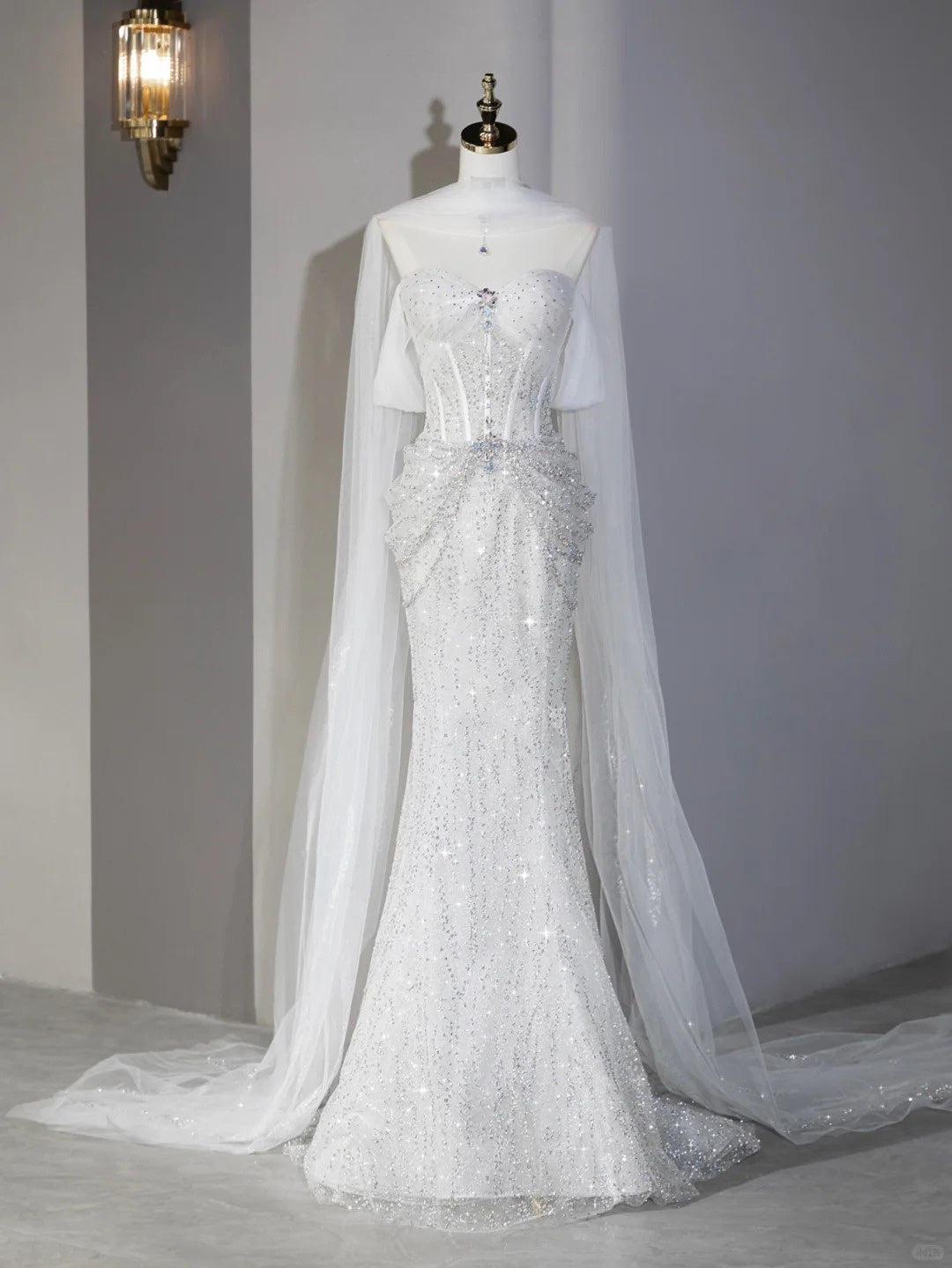 Alluring Off-Shoulder Mermaid Hem Sparkling Rhinestone Bridal Dress With Tulle Scarf Sheath Beaded Waist Accent Wedding Dress AP2122