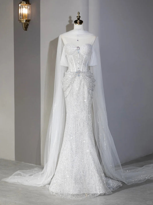 Alluring Off-Shoulder Mermaid Hem Sparkling Rhinestone Bridal Dress With Tulle Scarf Sheath Beaded Waist Accent Wedding Dress AP2122