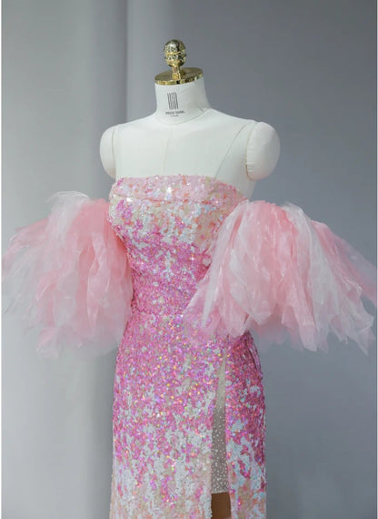 Glamorous White & Pink Gradient Tulle Splicing Off-Shoulder Maxi Dress Vogue High-Slit Sparkling Sequins Accent Prom Dress AP2123