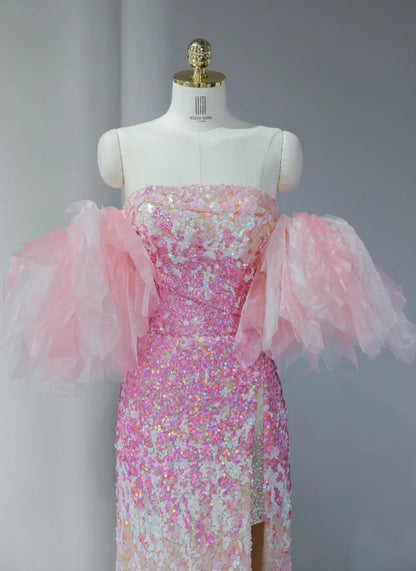 Glamorous White & Pink Gradient Tulle Splicing Off-Shoulder Maxi Dress Vogue High-Slit Sparkling Sequins Accent Prom Dress AP2123