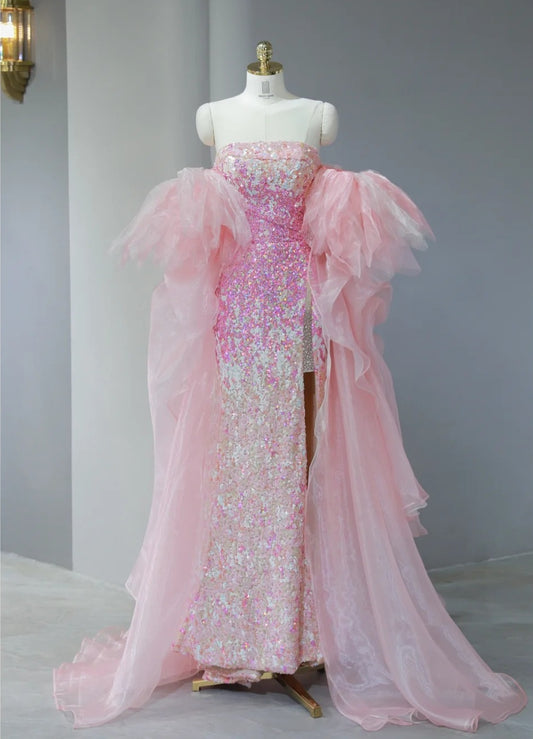 Glamorous White & Pink Gradient Tulle Splicing Off-Shoulder Maxi Dress Vogue High-Slit Sparkling Sequins Accent Prom Dress AP2123