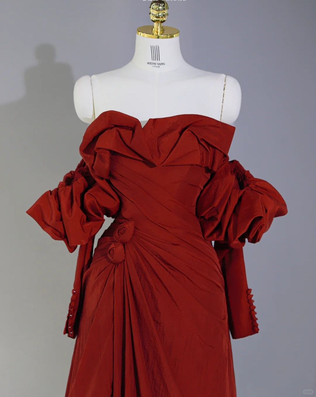 Elegant Off-Shoulder Floor-Length Red Maxi Dress Puff Sleeves 3D Florals Design Ruching Neckline Prom Dress AP2124