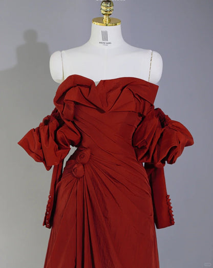 Elegant Off-Shoulder Floor-Length Red Maxi Dress Puff Sleeves 3D Florals Design Ruching Neckline Prom Dress AP2124