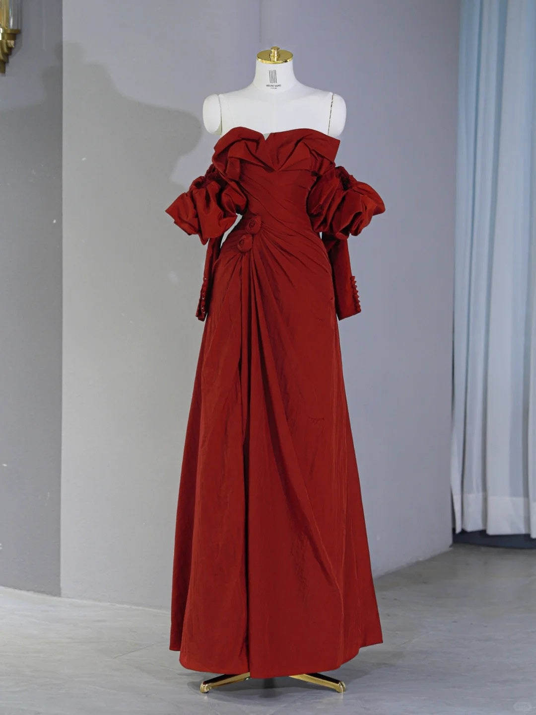 Elegant Off-Shoulder Floor-Length Red Maxi Dress Puff Sleeves 3D Florals Design Ruching Neckline Prom Dress AP2124