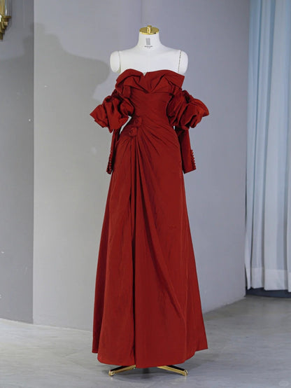 Elegant Off-Shoulder Floor-Length Red Maxi Dress Puff Sleeves 3D Florals Design Ruching Neckline Prom Dress AP2124