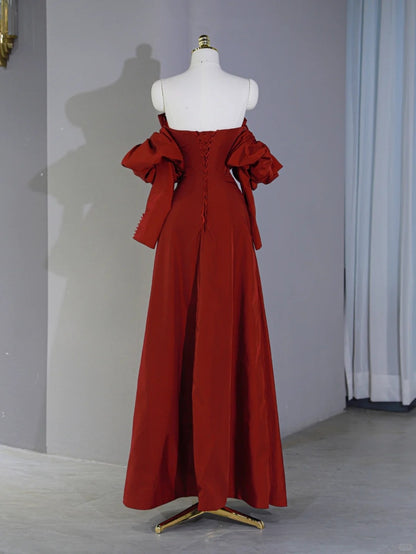 Elegant Off-Shoulder Floor-Length Red Maxi Dress Puff Sleeves 3D Florals Design Ruching Neckline Prom Dress AP2124