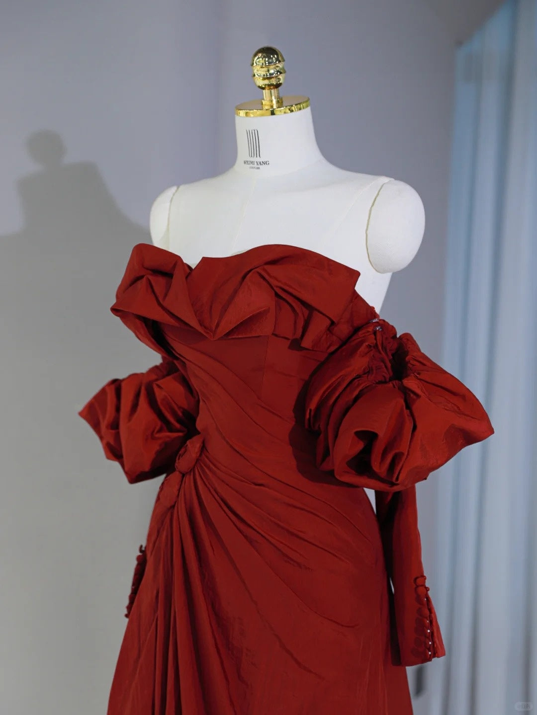 Elegant Off-Shoulder Floor-Length Red Maxi Dress Puff Sleeves 3D Florals Design Ruching Neckline Prom Dress AP2124