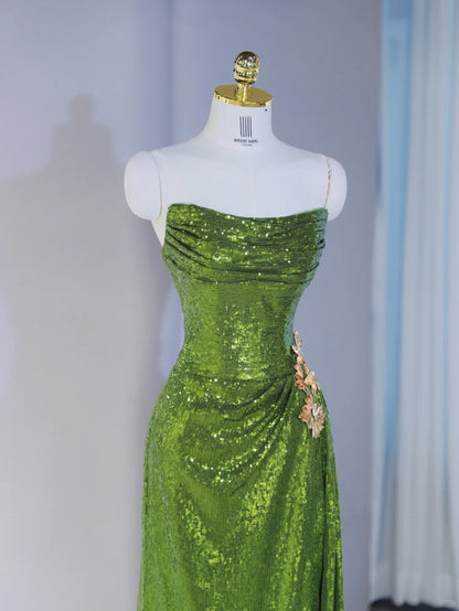 Novelty Strapless Gold Floral Accent Sheath Maxi Dress Exquisitely Designed Green Sequins Trimmed Draped Prom Dress AP2125