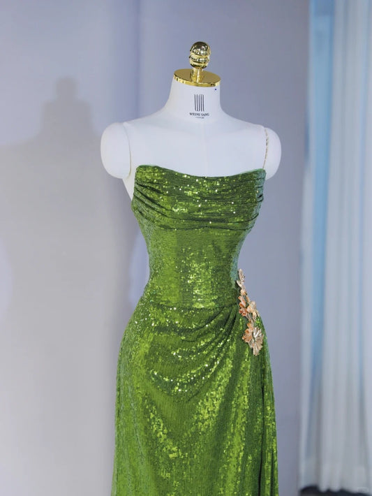 Novelty Strapless Gold Floral Accent Sheath Maxi Dress Exquisitely Designed Green Sequins Trimmed Draped Prom Dress AP2125