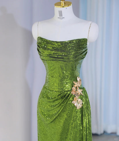 Novelty Strapless Gold Floral Accent Sheath Maxi Dress Exquisitely Designed Green Sequins Trimmed Draped Prom Dress AP2125