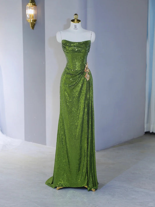 Novelty Strapless Gold Floral Accent Sheath Maxi Dress Exquisitely Designed Green Sequins Trimmed Draped Prom Dress AP2125