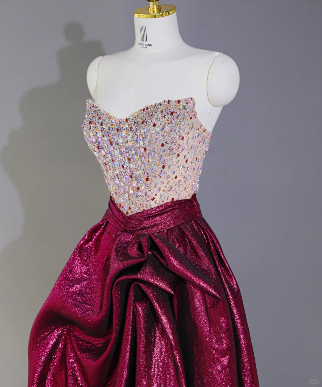 Alluring Strapless Ruched Rhinestone Embellishments Maxi Dress Shimmering Asymmetric Hem Prom Dress AP2126