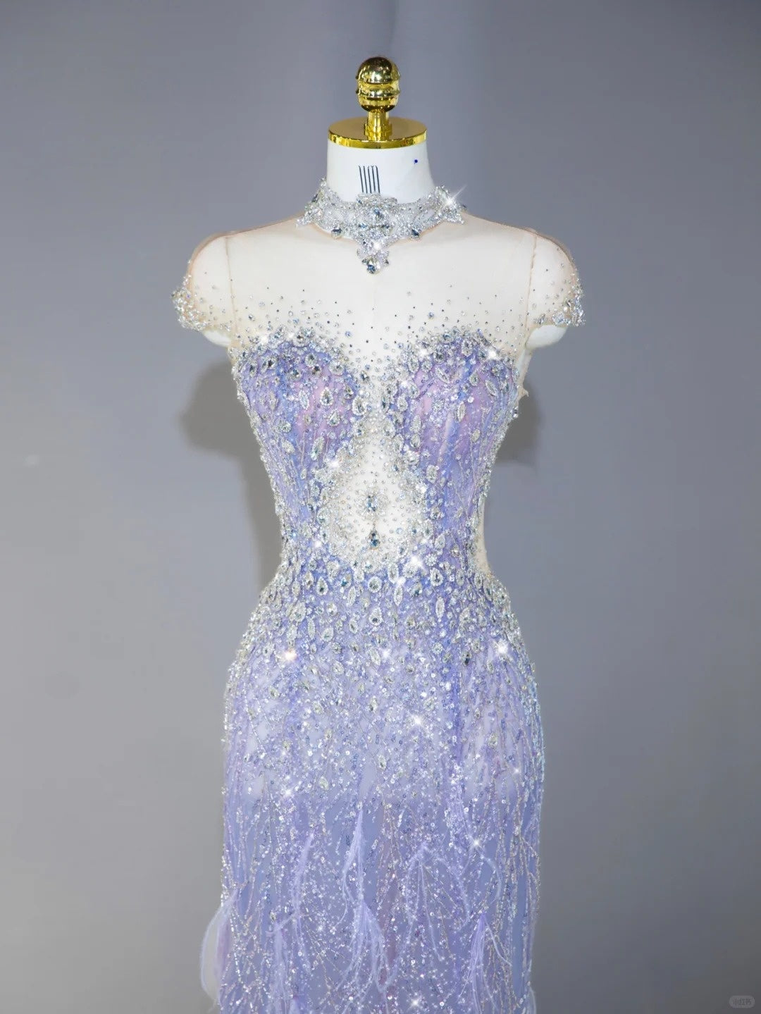 Graceful Purple Intricate Crystal Beading Feather Trimmed Mermaid Dress Lace-Up Back Sheer Mesh Splicing Cutout Short Sleeve Prom Dress AP2127