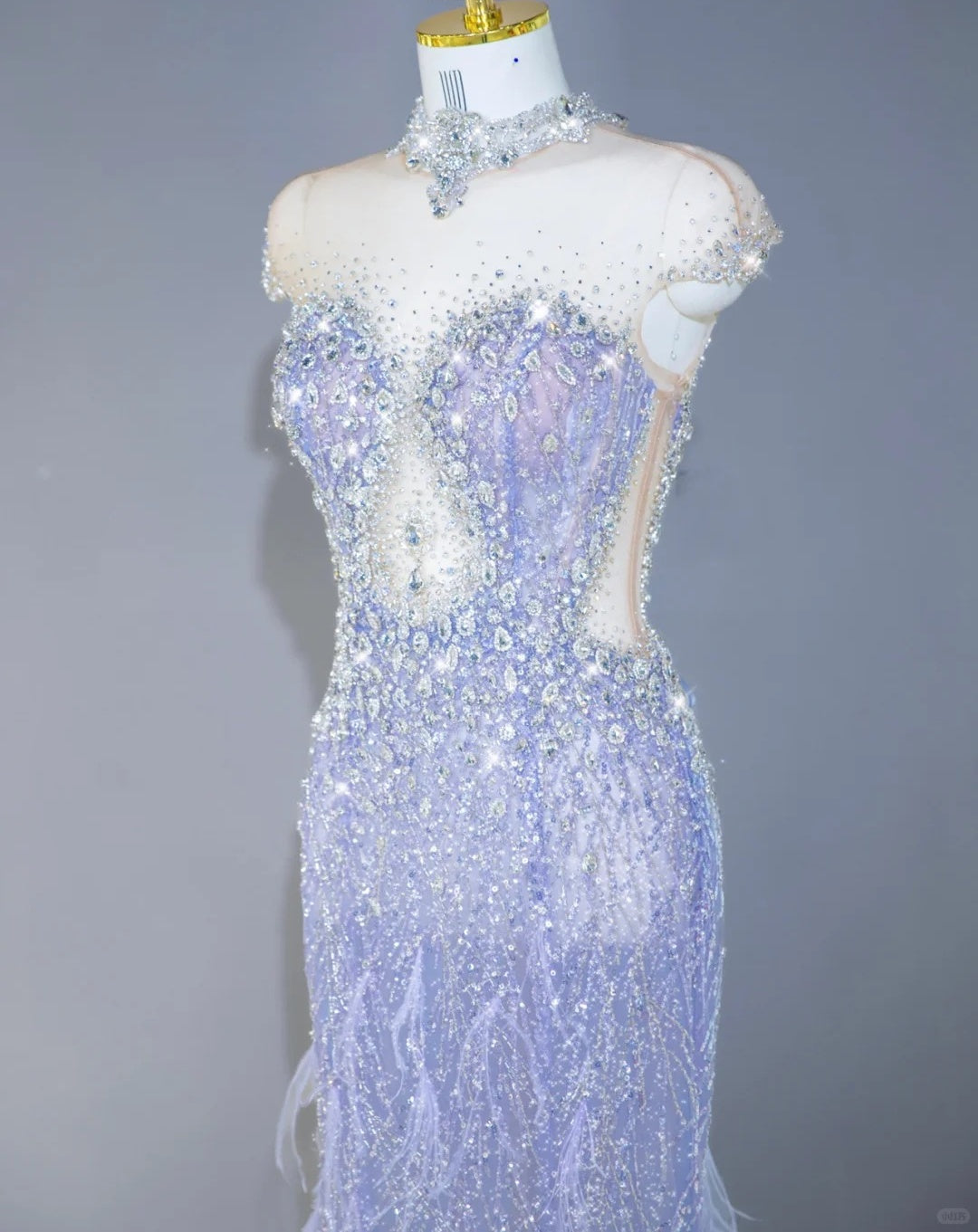 Graceful Purple Intricate Crystal Beading Feather Trimmed Mermaid Dress Lace-Up Back Sheer Mesh Splicing Cutout Short Sleeve Prom Dress AP2127