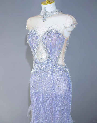 Graceful Purple Intricate Crystal Beading Feather Trimmed Mermaid Dress Lace-Up Back Sheer Mesh Splicing Cutout Short Sleeve Prom Dress AP2127