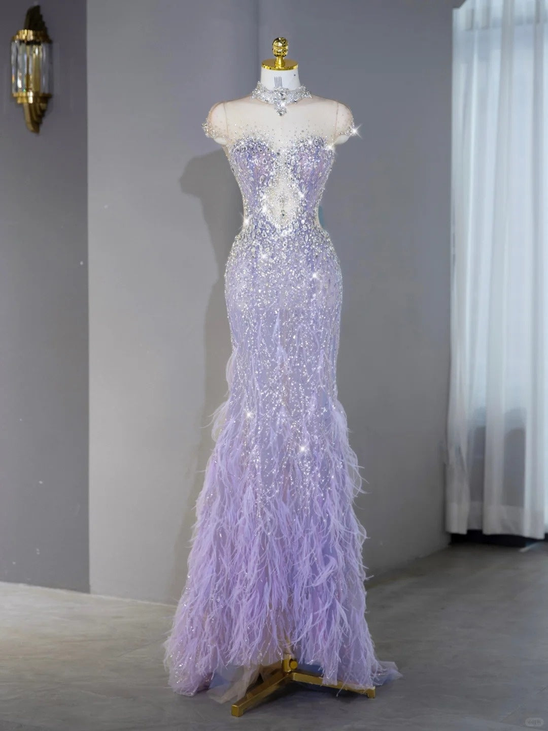 Graceful Purple Intricate Crystal Beading Feather Trimmed Mermaid Dress Lace-Up Back Sheer Mesh Splicing Cutout Short Sleeve Prom Dress AP2127