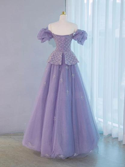 Opulent Purple Off-Shoulder A-Line Beading Evening Dress Dreamy Glittering Sequins Accent Cascade Tulle Layered Prom Dress AP2128