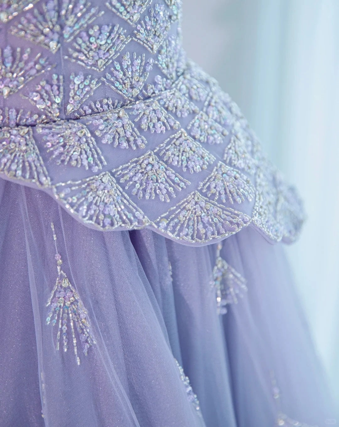 Opulent Purple Off-Shoulder A-Line Beading Evening Dress Dreamy Glittering Sequins Accent Cascade Tulle Layered Prom Dress AP2128